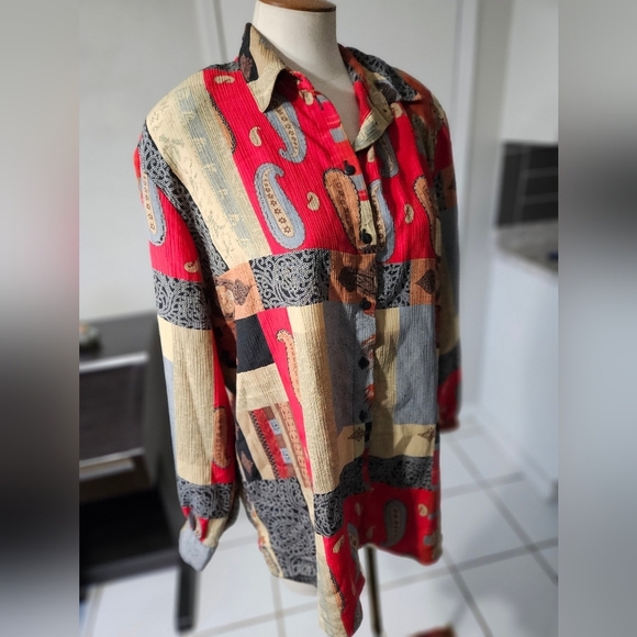 80s EHL Boho Button Up with Shoulder Pads! Size 16 - Picture 2 of 5